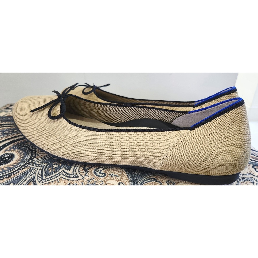 Rothys The Bow Flat Fawn Tan Navy Blue Trim Sustainable Washable Shoes W10 - Picture 3 of 9